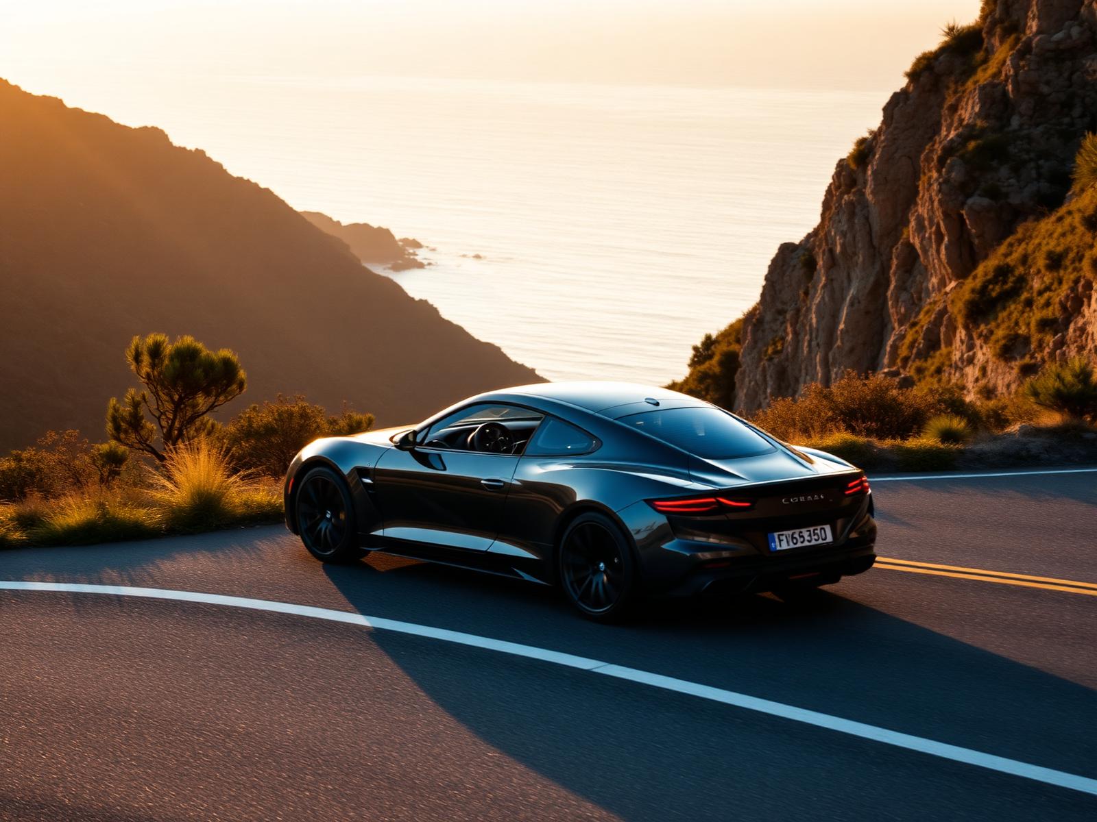 Sports car on a coastal road at golden hour