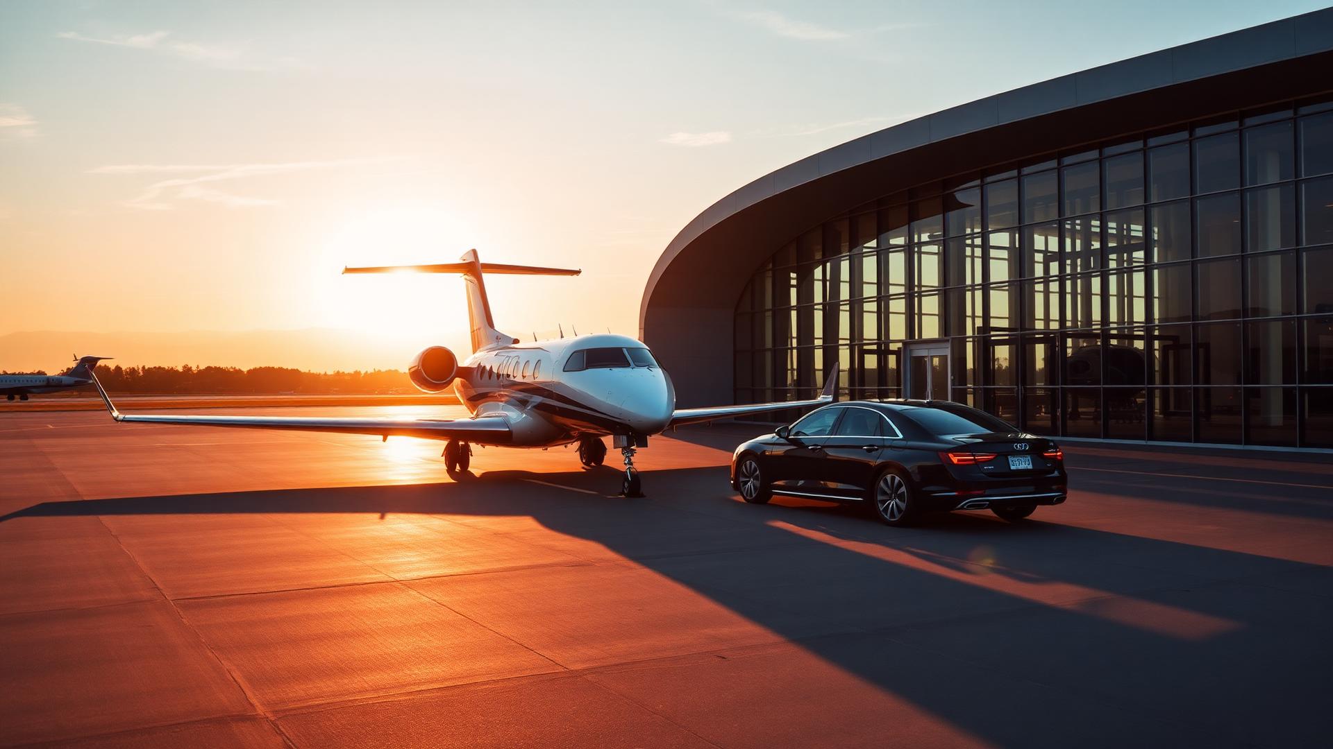 Private jet on the tarmac at sunset