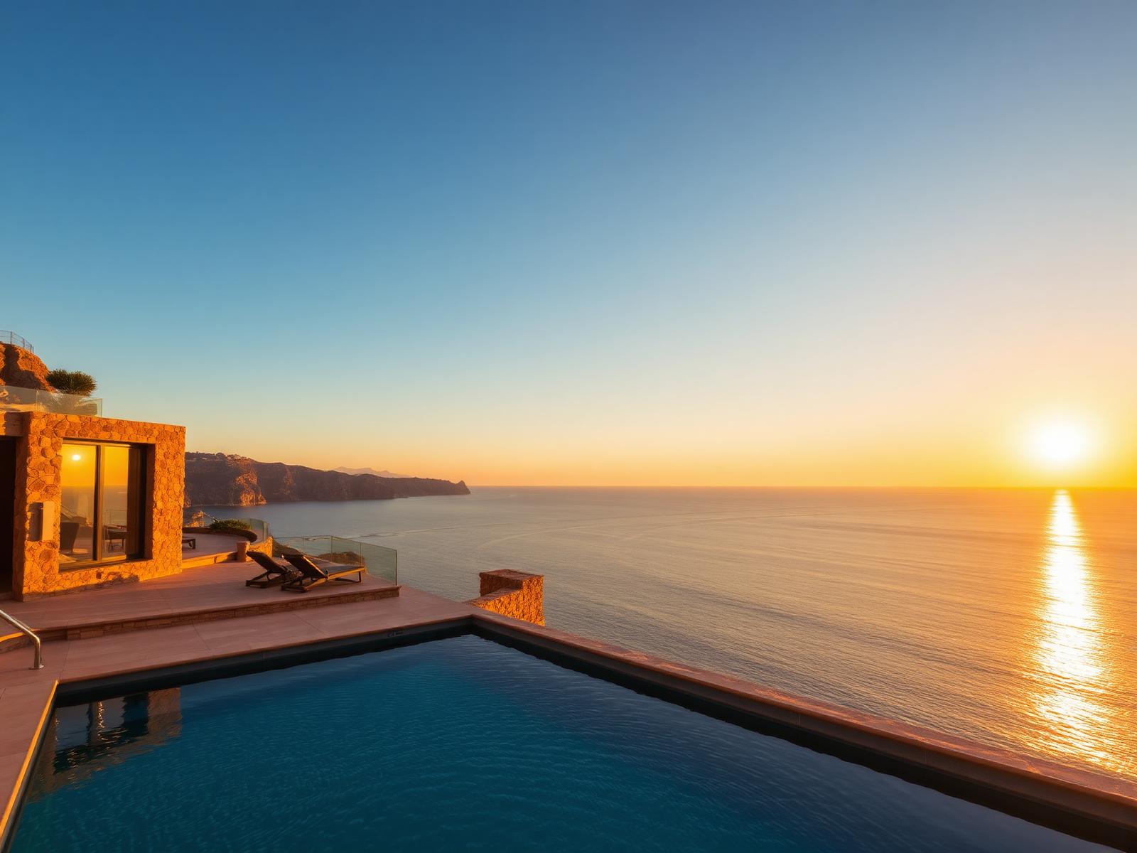 Modern villa with infinity pool at sunset